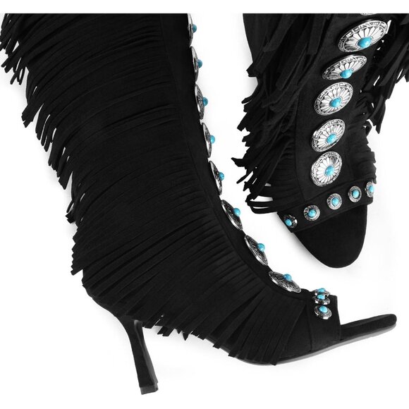 Women's Black FancyQueen Gladiator Heels Knee High Stiletto Peep Toe Boot - Picture 7 of 7